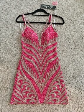 Jovani 45256A Hot Pink Beaded V-Neck Mini Dress, Size 6